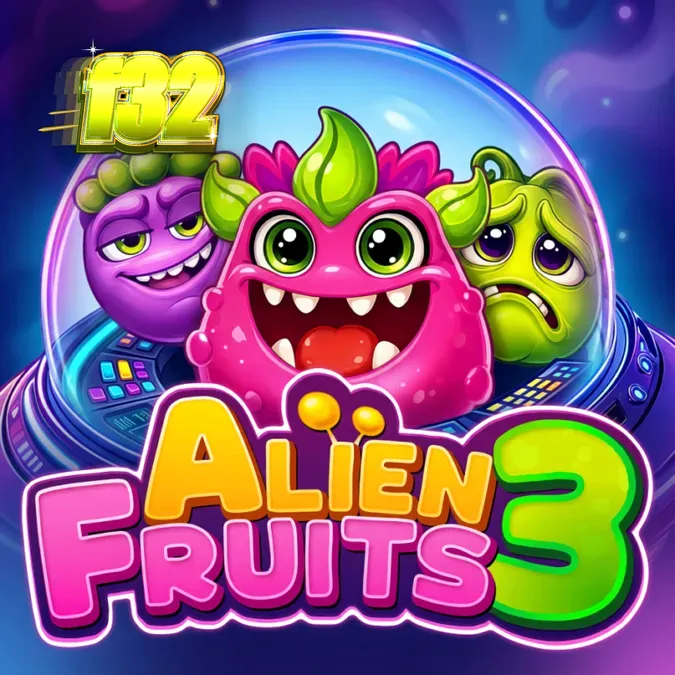 Tampilan layar permainan slot Alien Fruits 3 dengan grid cluster pays dan simbol buah luar angkasa.